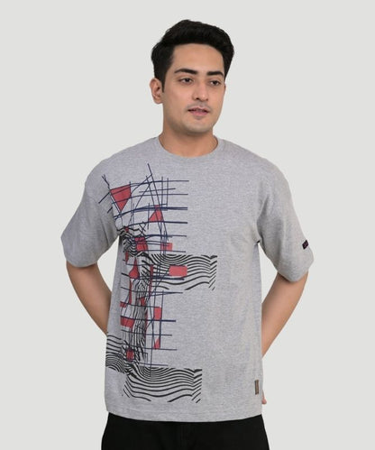 Men's Grey Geometric Print Half Sleeves Oversized Fit T-Shirt